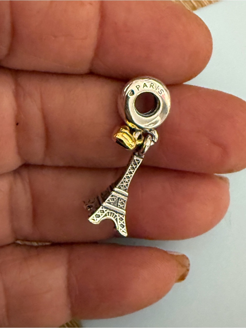 Pandora Silver Eiffel Tower Dangle Charm with Gold Accent Bag